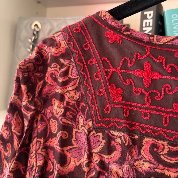 Lucky Brand Brown Peach Orange Floral Embroidered Blouse Size Small - Picture 6 of 7